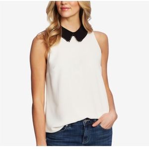 NWOT CeCe white sleeveless blouse with cute black peter pan collar.